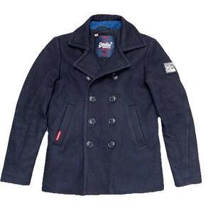 Superdry The Rookie Peacoat Men's S Navy Wool‎ Blend Double Breasted Streetwear
